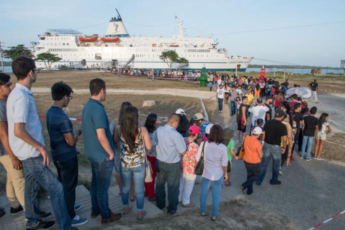 Visitors line up in front of Logos Hope