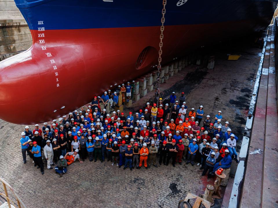 Seville, Spain :: Group photo of all of the annual maintenance workers in front of Logos Hope.
